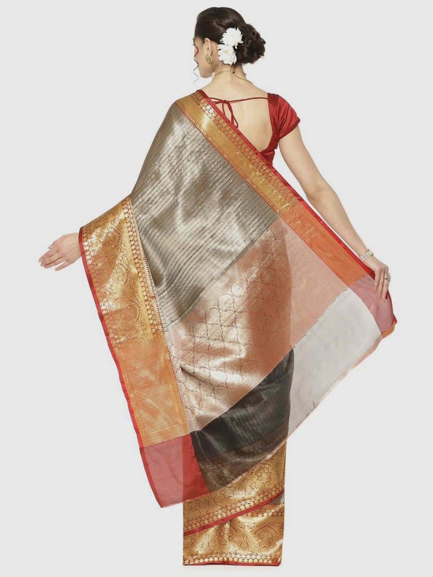 Banarasi Silk Works Black & Red Woven Saree With Unstitched Blouse