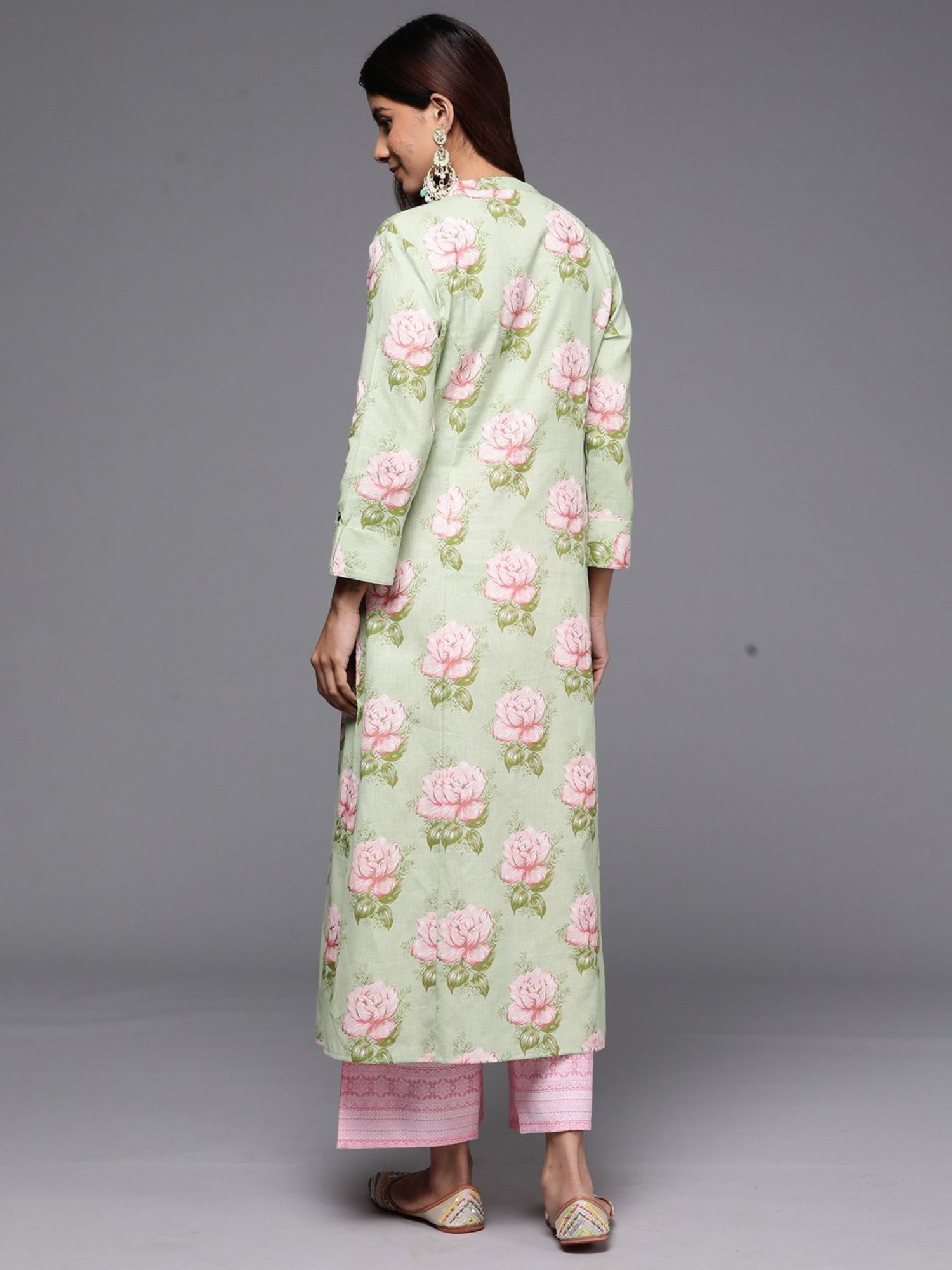 Indo Era Green Cotton Printed A Line Kurta