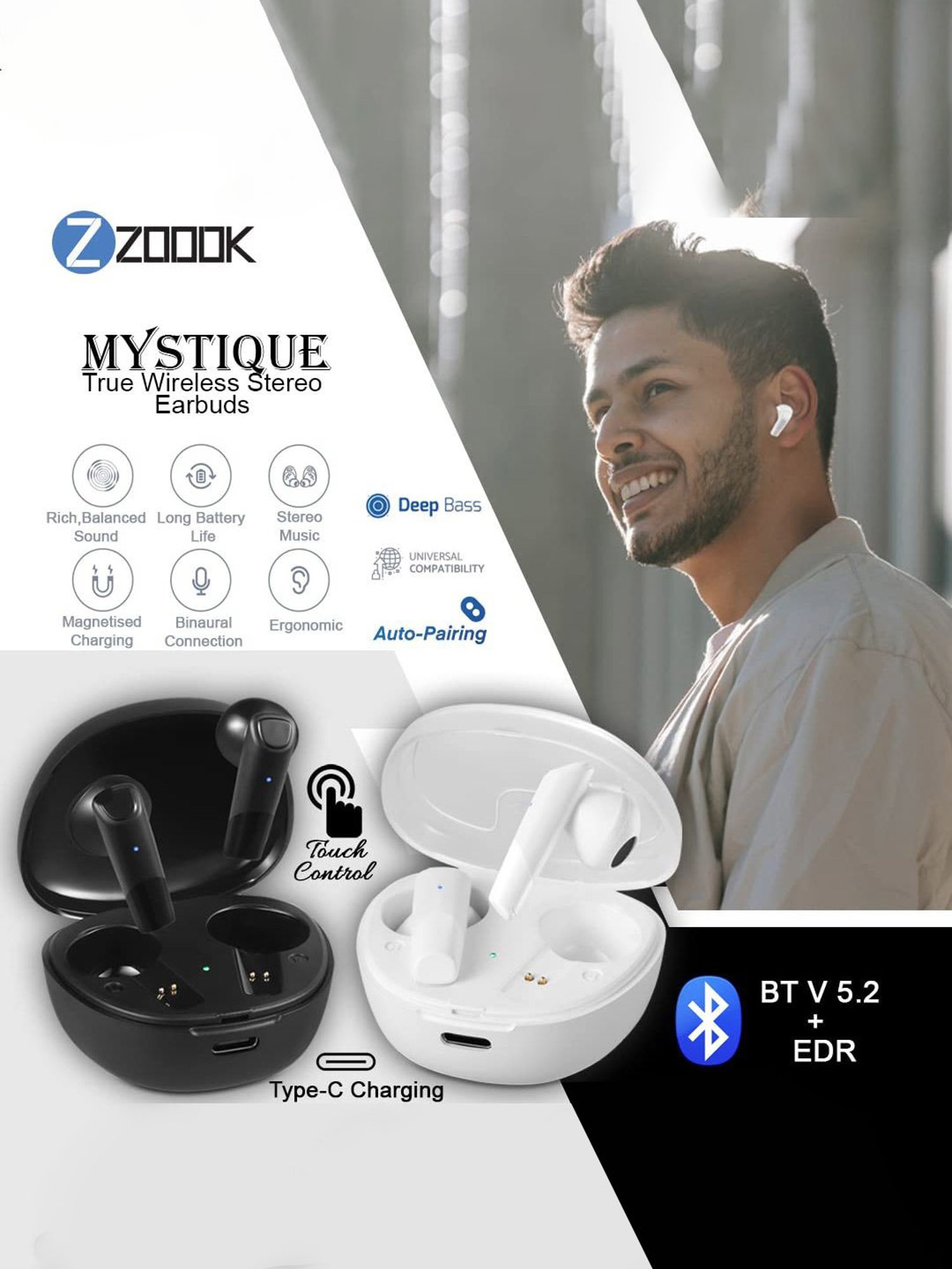 Zoook Mystique Bluetooth Truly Wireless in Ear Earbuds with Mic (White)