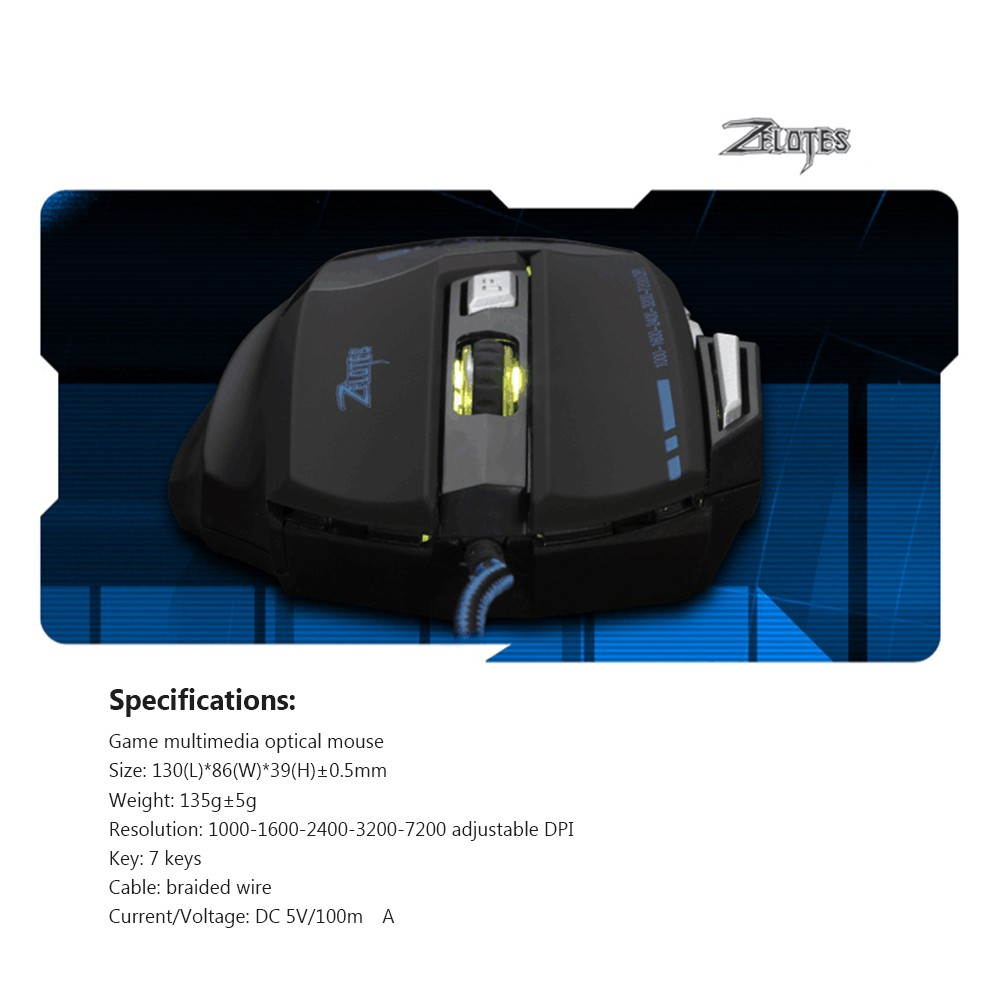 ZELOTES T-80 Gaming Mouse 7200 DPI Backlight Multi Color LED Optical 7 Button Mouse Gamer USB Wired Gaming Mouse for Pro Gamer