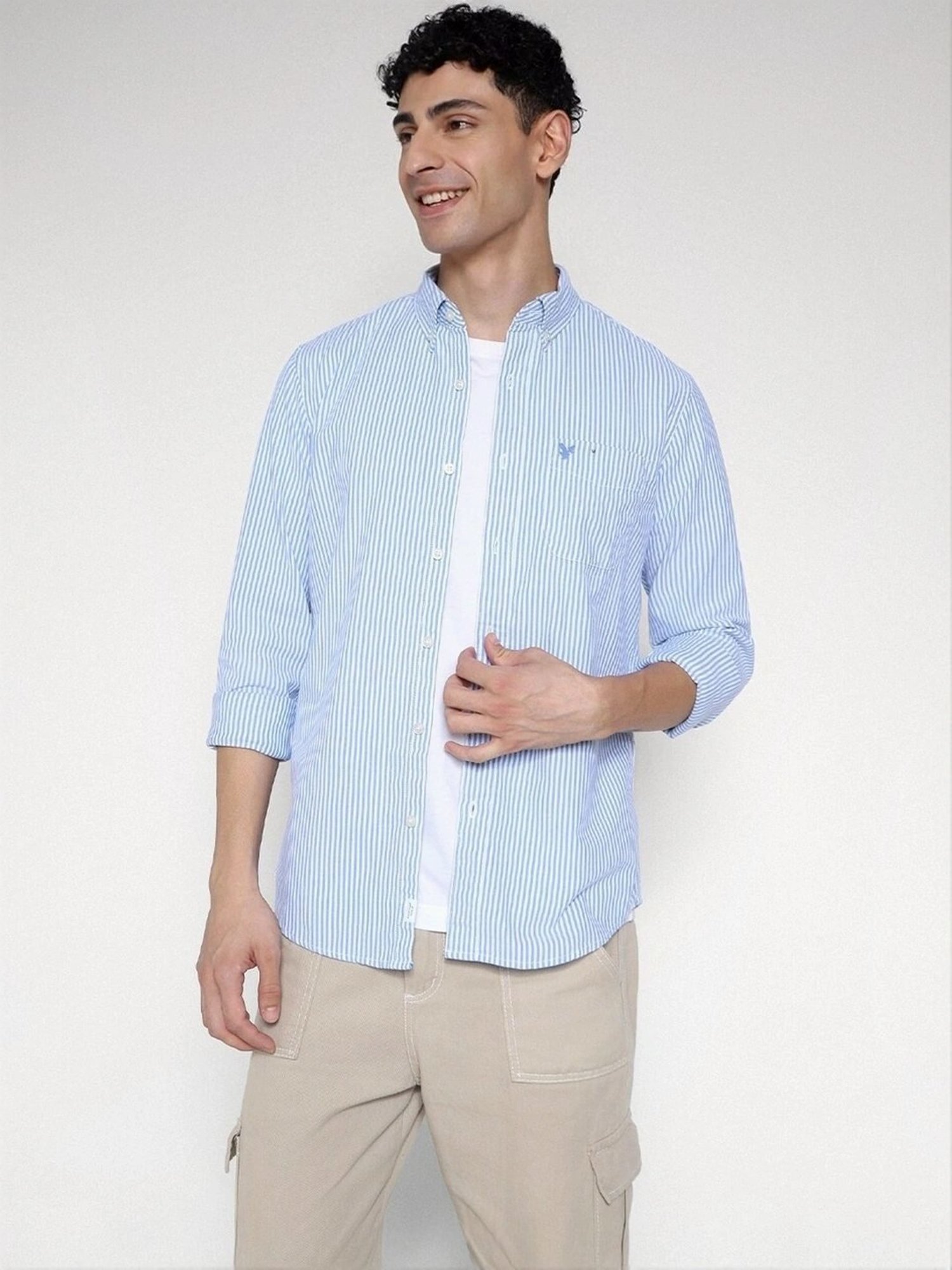 American Eagle Blue Cotton Slim Fit Striped Shirt