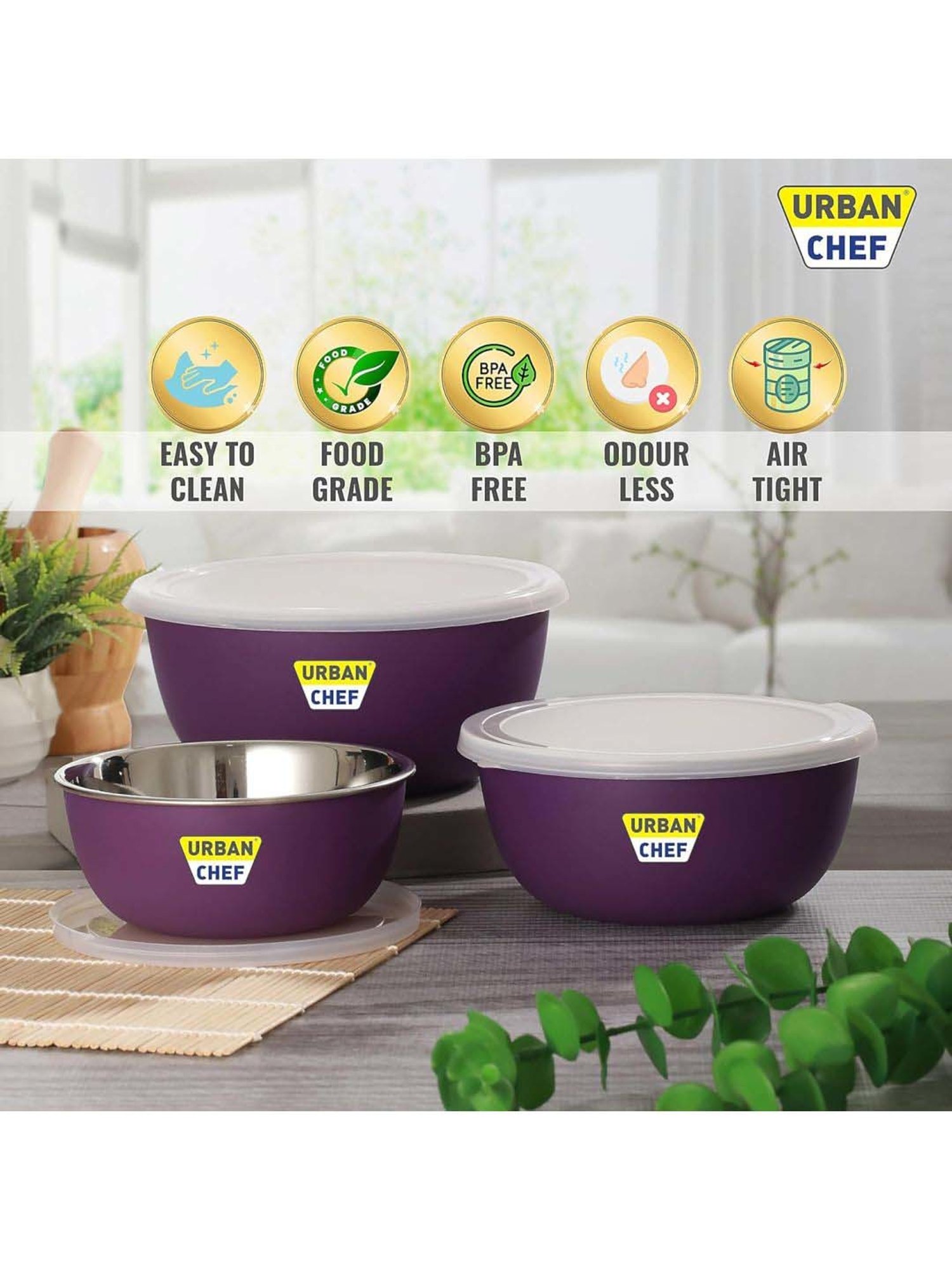 Urban Chef Purple Stainless Steel Microwave Safe Serving Bowl With Lid - Set of 3