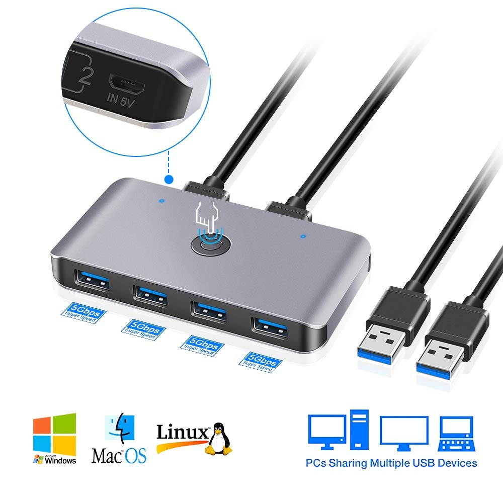 USB3.0 Switch Selector, 2 Computers 6-Port USB 3.0 Peripheral Sharing Switch Hub Adapter for Keyboard, Mouse, U-disk, Printer, KVM One-Second Switcher USB3.0, Compatible with Mac / Windows / Linux