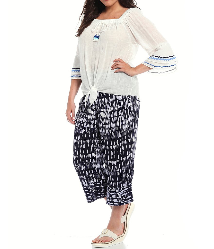 I.N. Studio Plus Size Gauzy Texture Square Neck 3/4 Bell Sleeve Tie-Front Top