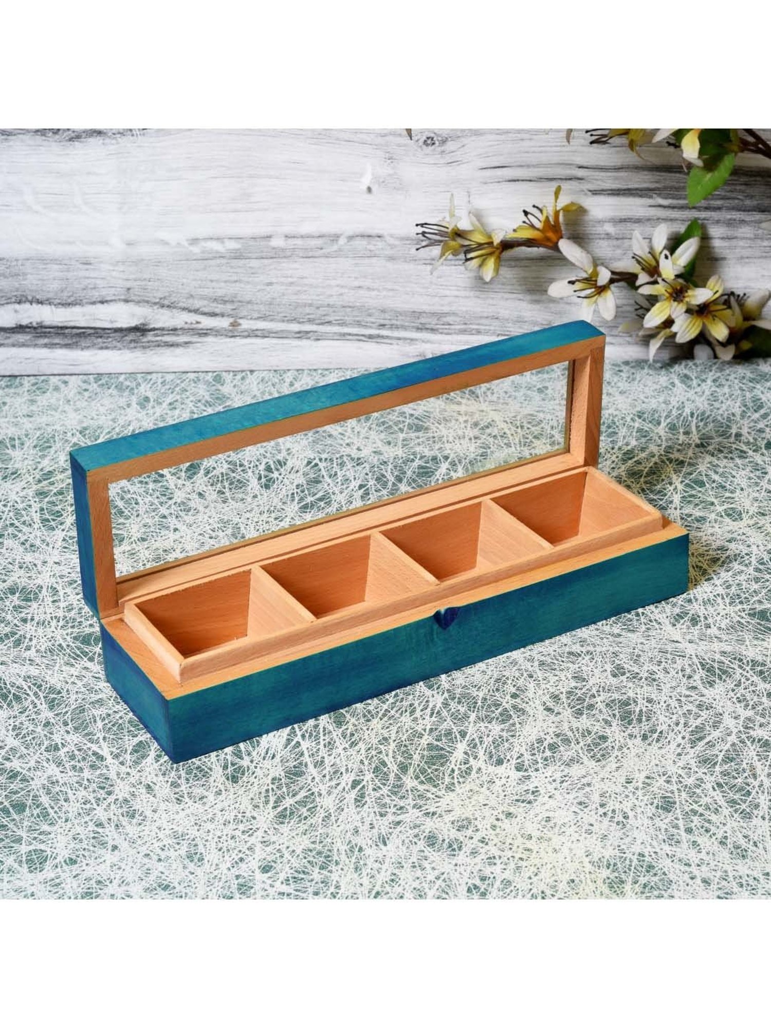 Unravel India Blue & Brown Wood Utility Storage Box - Set of 1