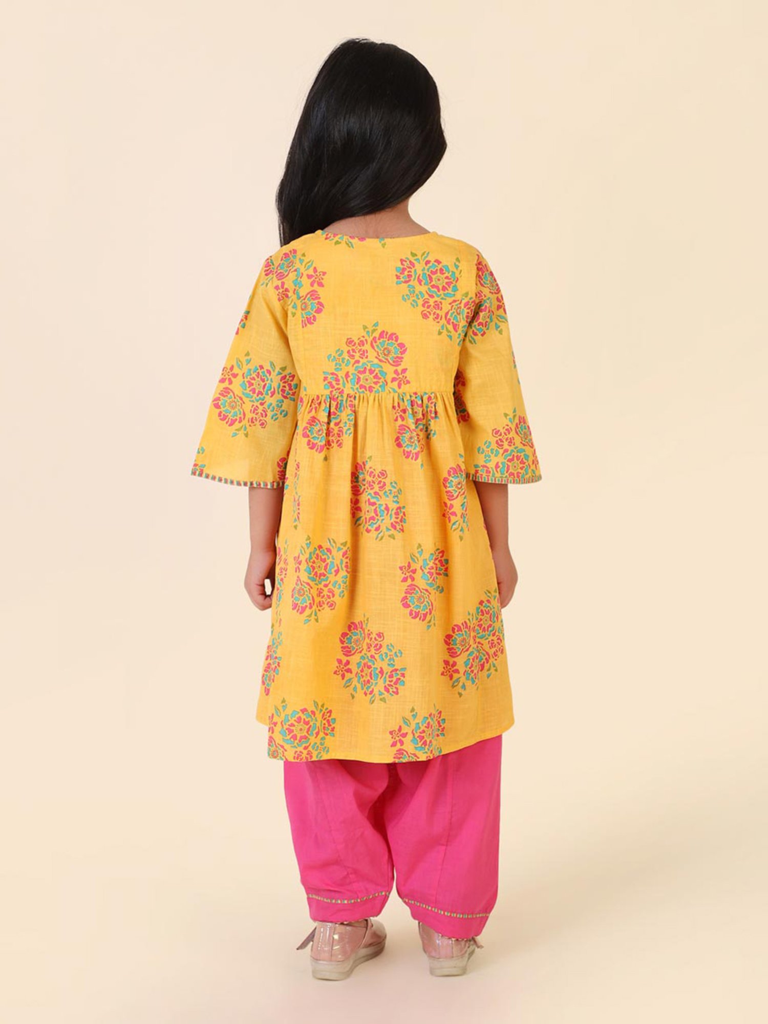 Fabindia Kids Yellow & Pink Floral Print Kurta, Salwar with Dupatta