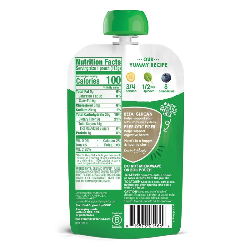 HappyTot Super Bellies Organic Bananas Spinach & Blueberries Baby Food Pouch - 4oz