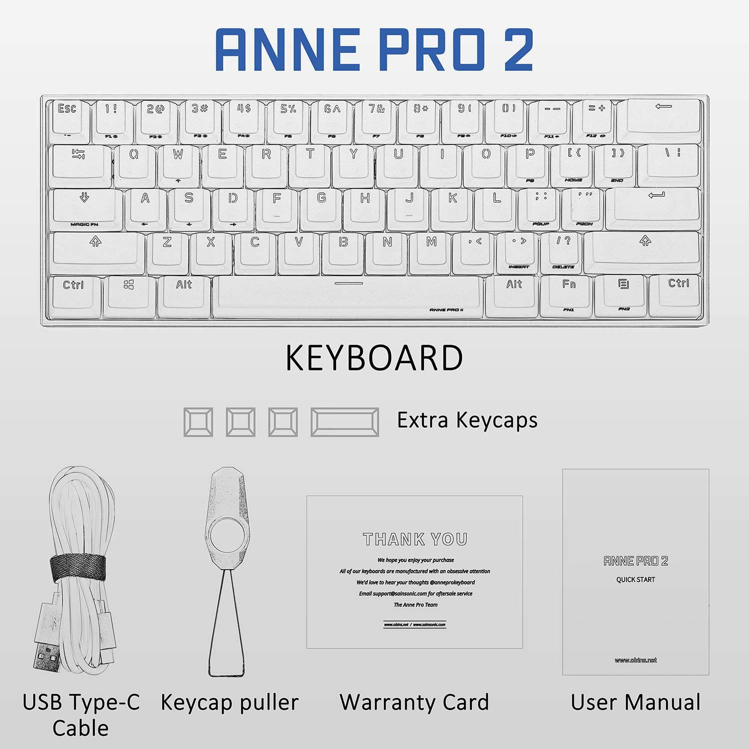 CUUWE ANNE PRO 2, 60% Wired/Wireless Mechanical Keyboard  - Full Keys Programmable - True RGB Backlit - Tap Arrow Keys - Double Shot PBT Keycaps - NKRO - 1900mAh Battery