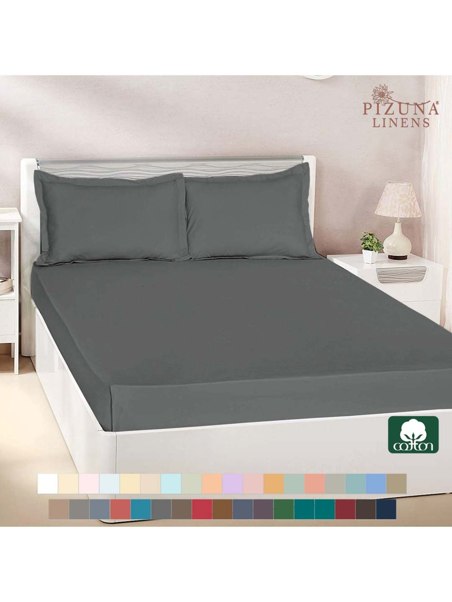 Pizuna 400TC 100% Cotton Dark Grey Flat Bed Sheet Double Size With 2 Pillow Cover Size