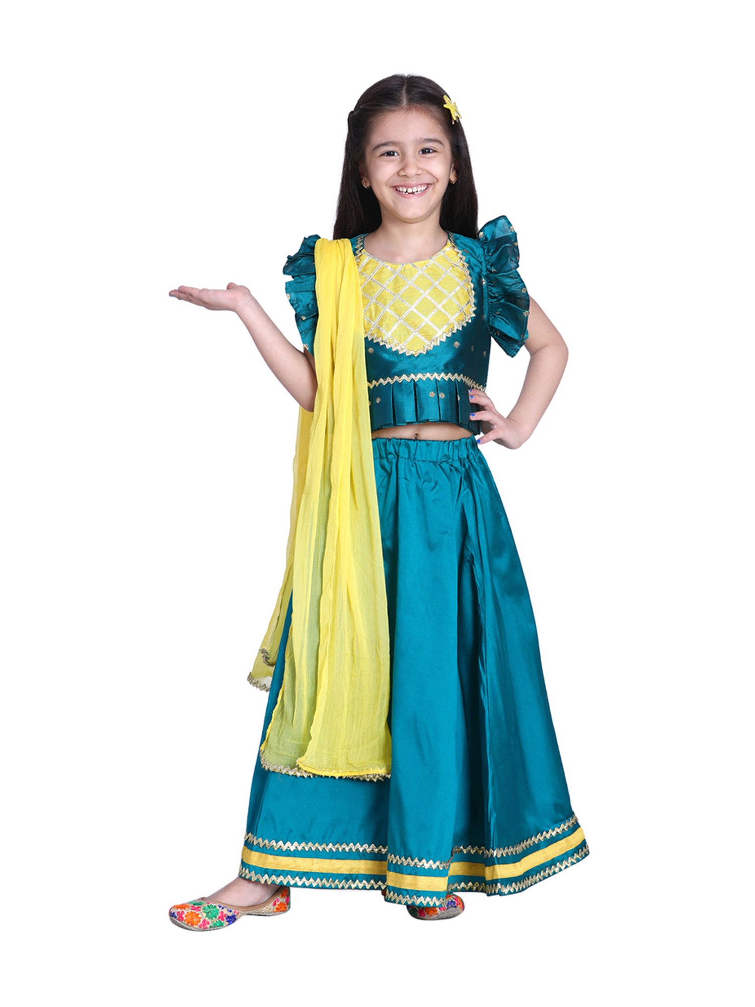 BownBee Kids Green Zari Work Lehenga Choli With Dupatta