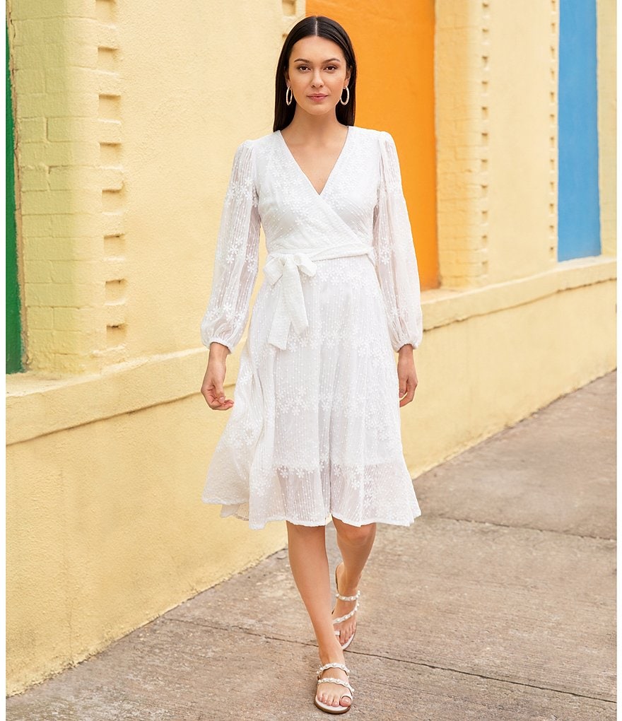 Kensie Belted Embroidered Long Sheer Sleeve Chiffon Wrap Dress