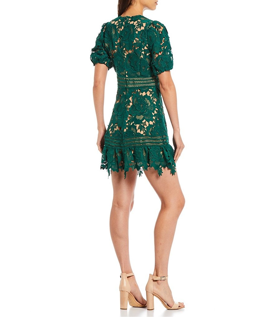 Adelyn Rae Plunge V-Neck Lace Short Sleeve A-Line Mini Dress