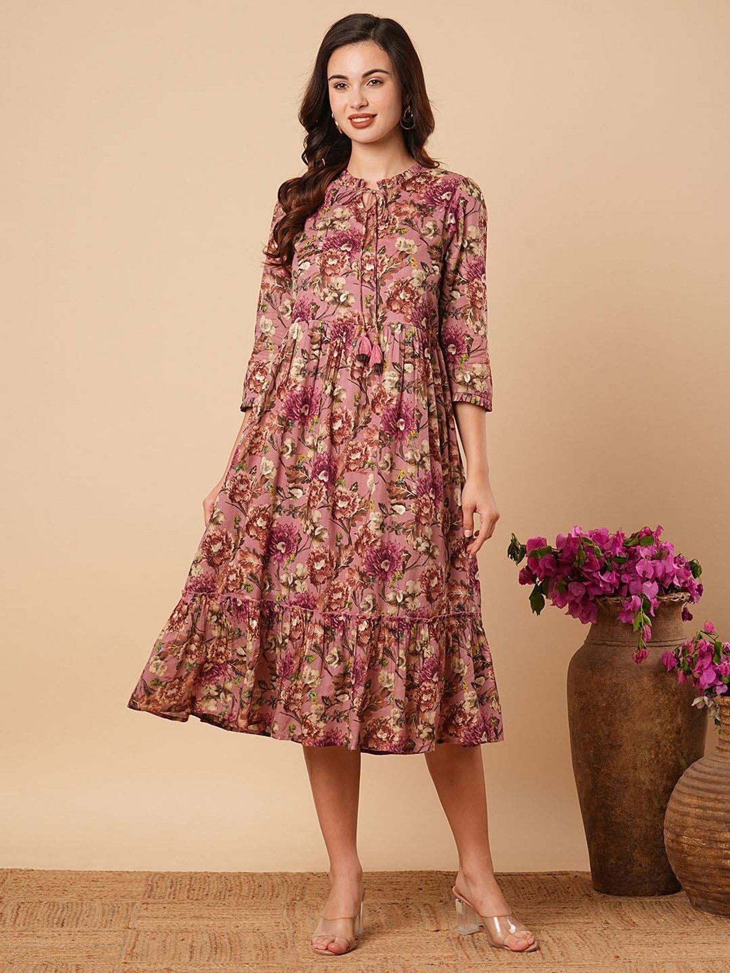 Fashor Purple Cotton Printed A-Line Dress