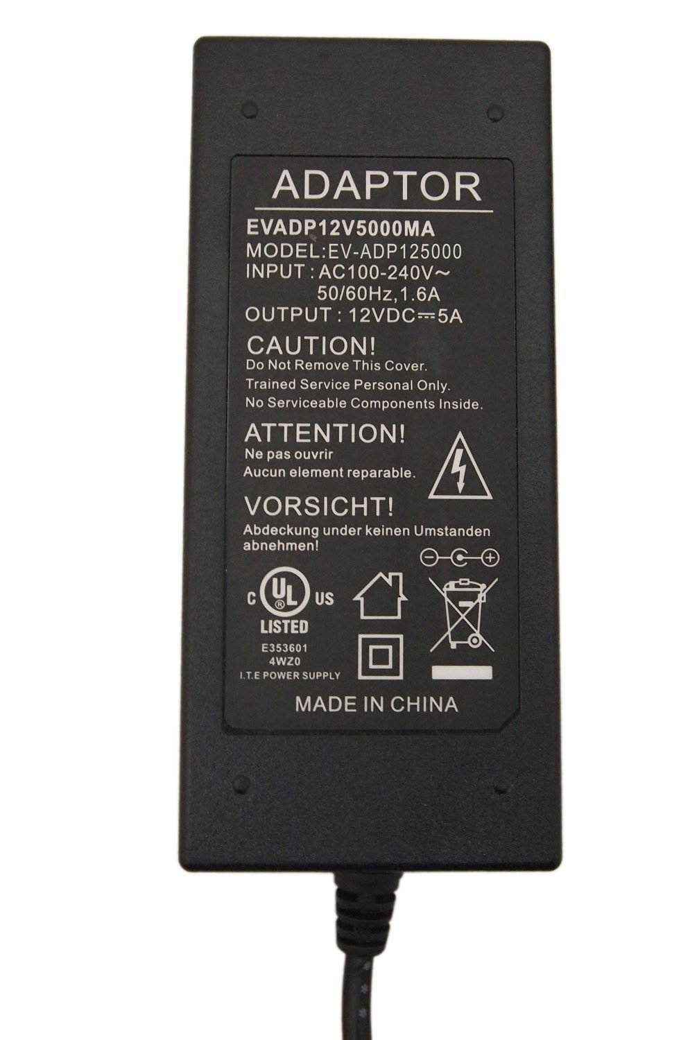 EVERTECH 12V DC 5A (5 Amper / 5000 mA) AC to DC Power Supply Adapter UL Certified