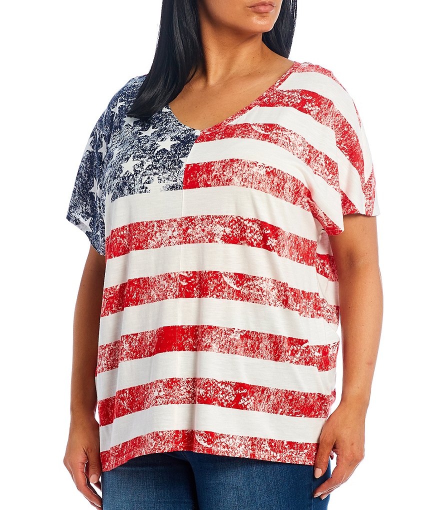 Westbound Plus Size Vintage Flag V-Neck Short Sleeve Tee