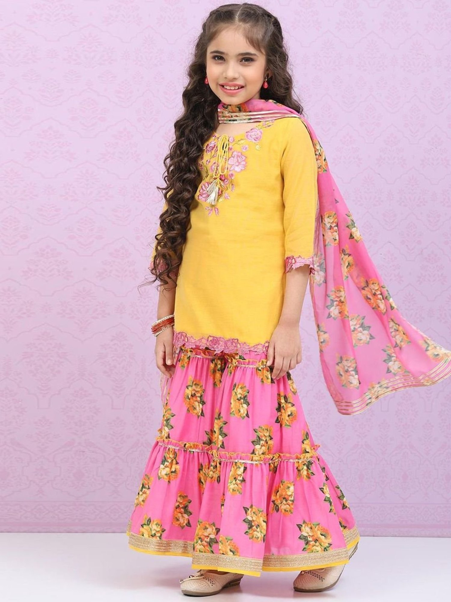Biba Kids Yellow & Violet Embroidered Kurta Set