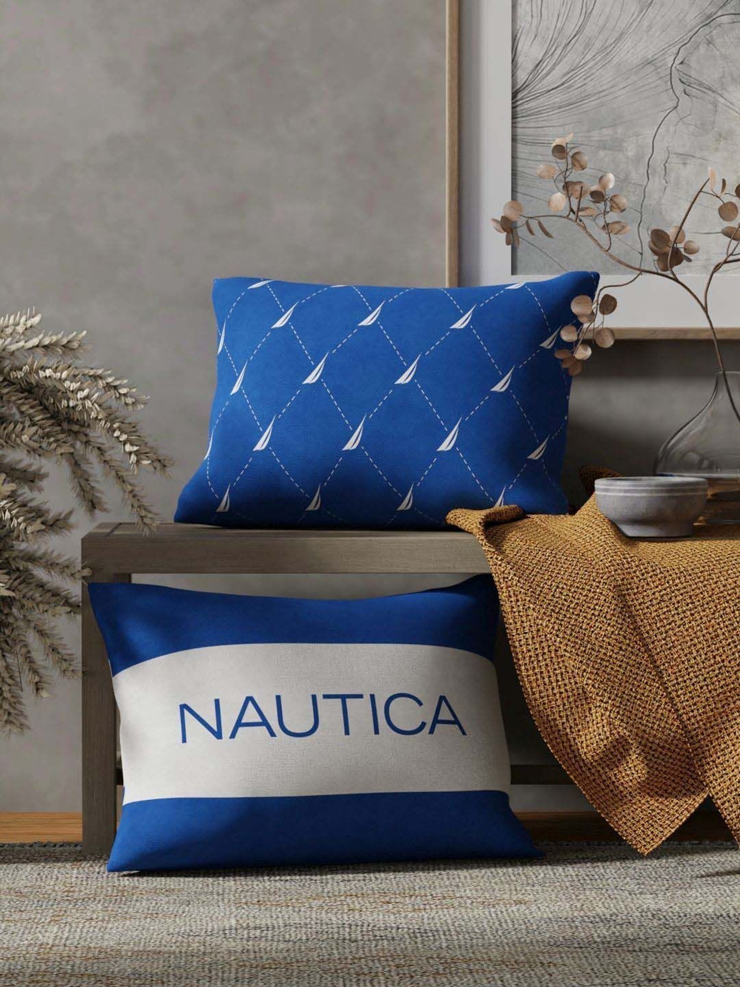 Nautica Logo Stripe Blue Microfibre 300 GSM Premium Cushion Covers - Set of 2