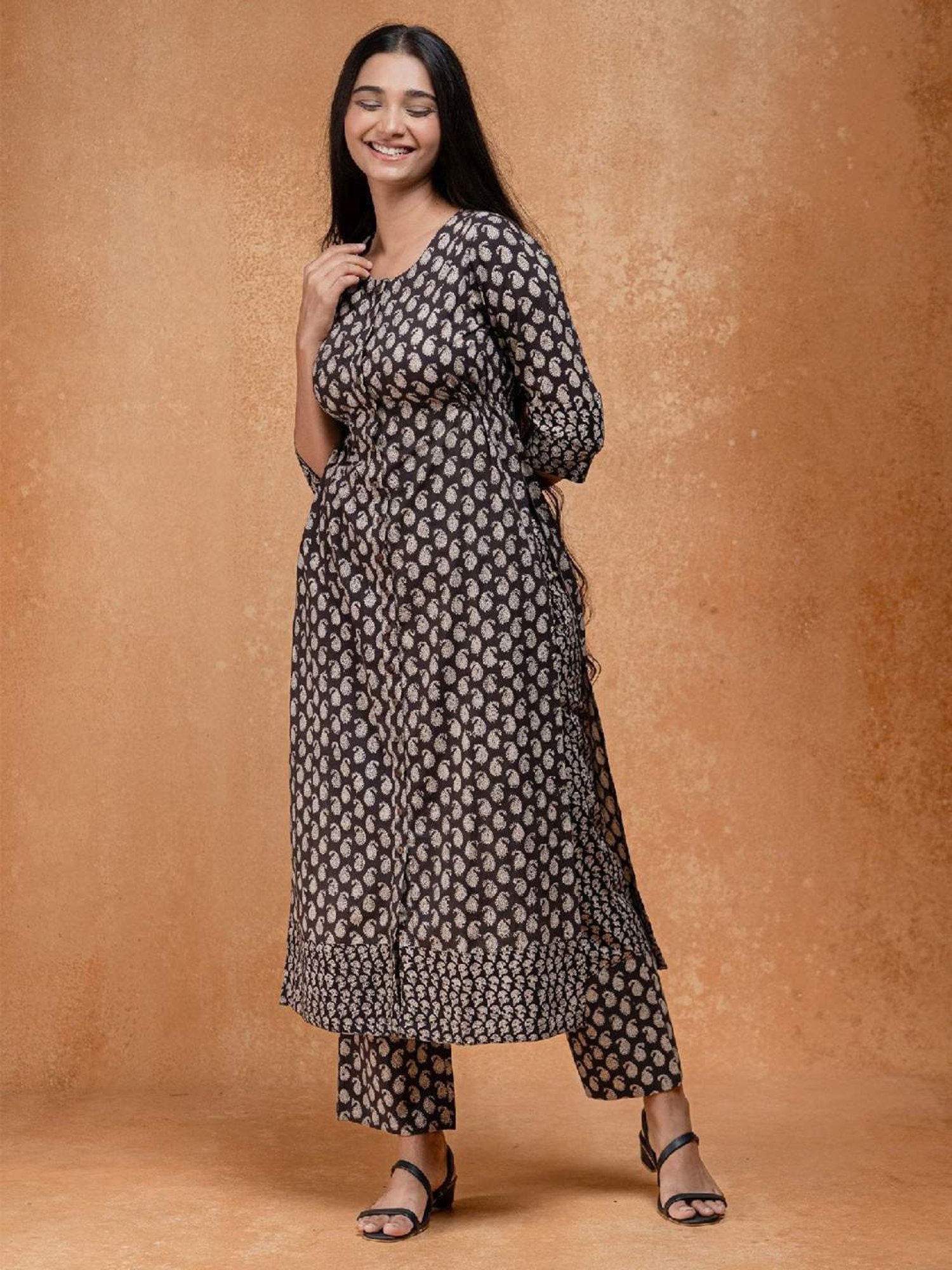 Okhai Black Printed Pure Cotton Kurta Pant Set