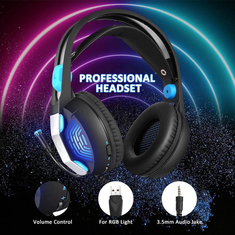 Wired Gaming Headset with Xbox One(Adapter Not Included), PC, Laptop, PS5, PHOINIKAS H100 PS4 Headset with 7.1 Stereo Sound, Over Ear Headphone with Noise Canceling Mic & RGB Light, Gift for Kids