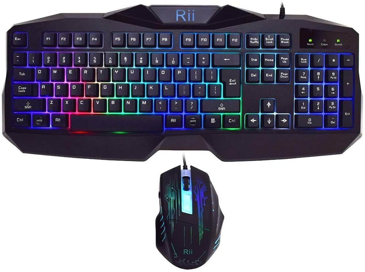 Rii Gaming Keyboard and Mouse Combo,LED Rainbow Backlit USB Wired Computer Keyboard 104 Key,Spill-Resistant Design,Ergonomic Wrist Rest Keyboard Mouse Set for Windows PC Gamer. Black