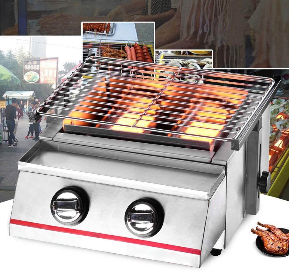 LOYALHEARTDY Small 2-head Stainless Steel Silver Gas Smokeless Grill Non-stick Pan with Steel Lid