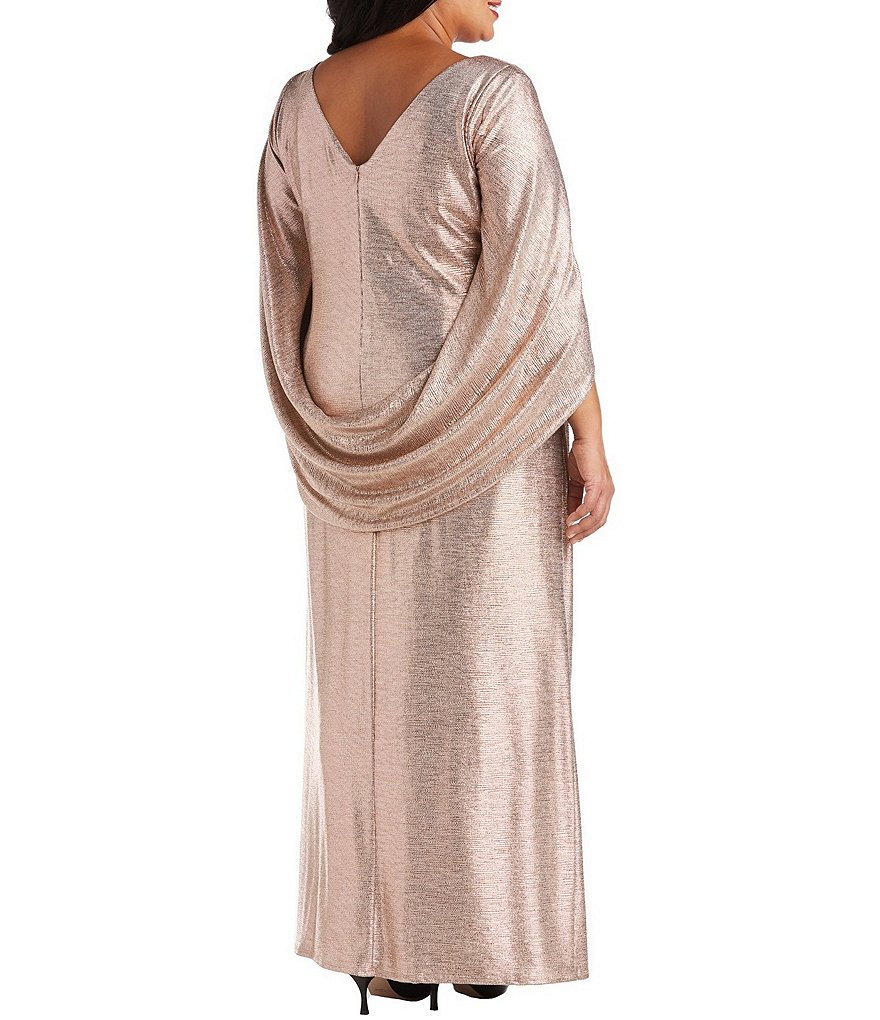 R & M Richards Plus Size Boat Neck 3/4 Drape Sleeve Stretch Crinkled Foil Ruched Waist Drape Back Dress