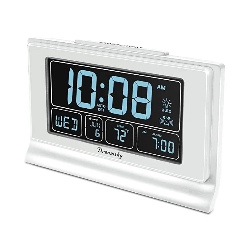 Auto Set Digital Alarm Clock with USB Charging Port 66 Inches Large Screen with TimeDateTemperature Display Full Range Brightness Dimmer Auto DST Setting Snooze White