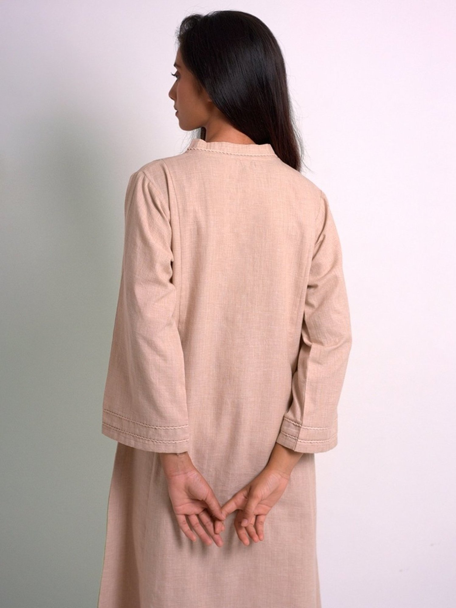 Ganga Fashions Beige Cotton Woven Kurta With Cotton Bottom