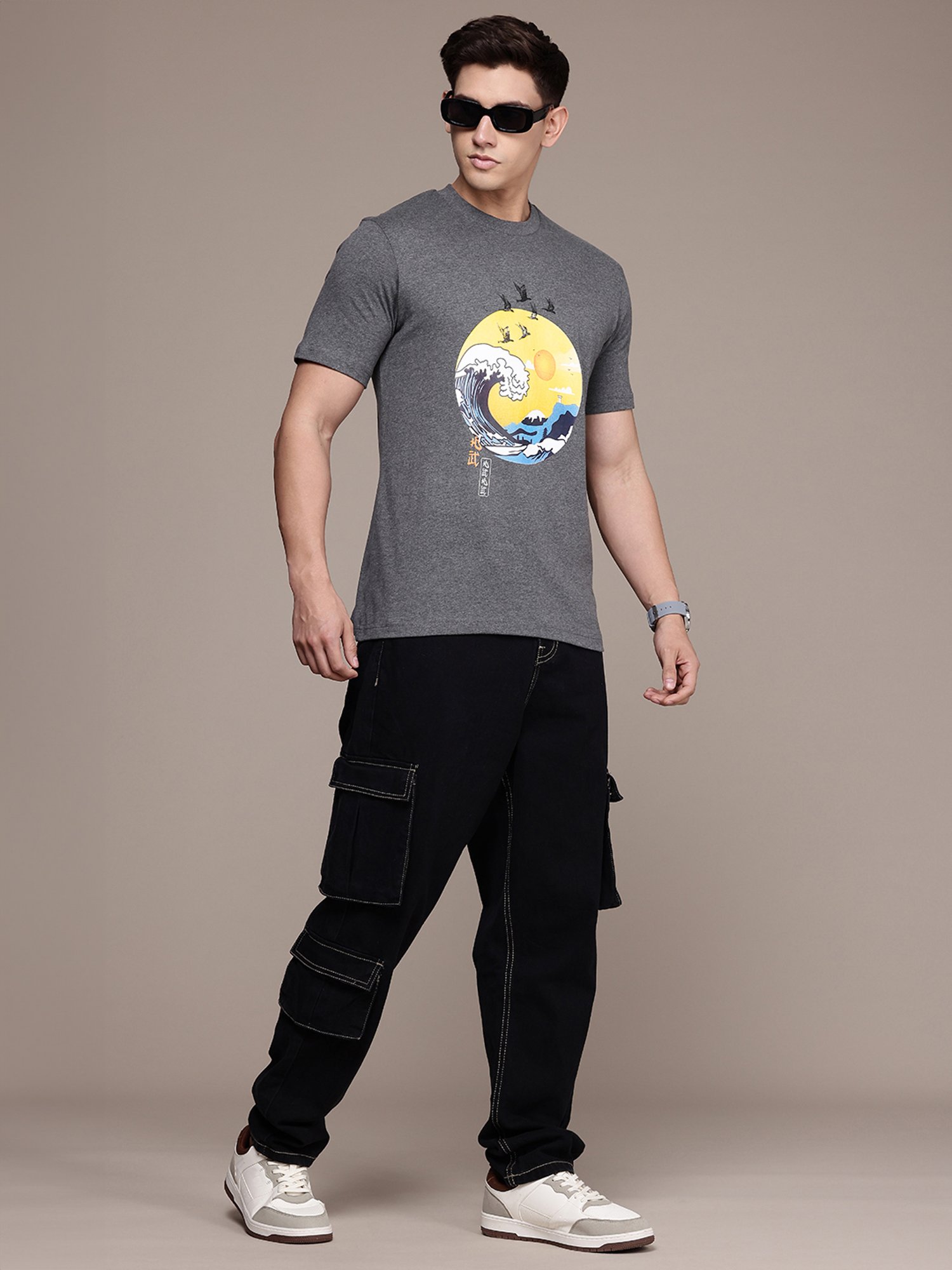 Burnt Umber Grey Regular Fit Graphic Print Crew T-Shirt