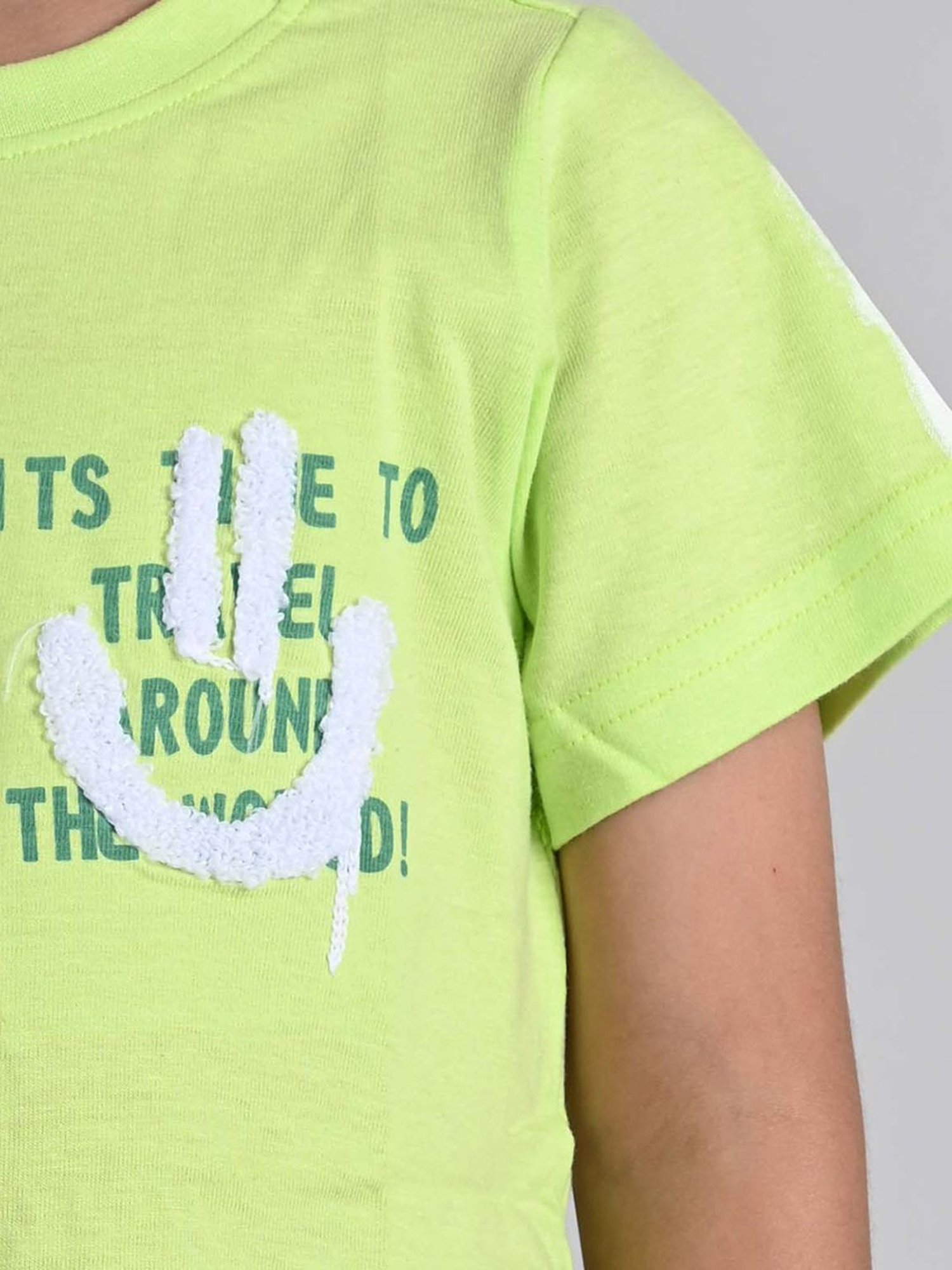 Tales & Stories Kids Neon Green Cotton Embroidered T-Shirt