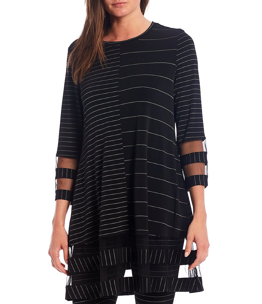 IC Collection Mesh Inset Stripe Mix Round Neck 3/4 Sleeve Top