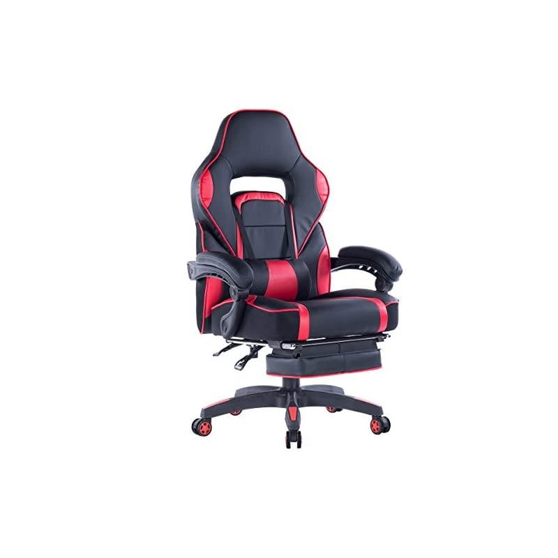 Ergonomic Gaming Chair, Executive Computer Office Chair with USB Massage Lumbar Cushion and Retractable Footrest, High Back Swivel Chair with Backrest and Height Adjustable (Red)