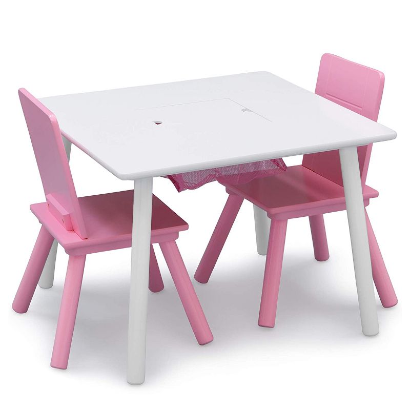 Delta Children Kids Activity Art Craft Table and 2 Piece Chair Set with Center Mesh Storage for Bedroom and Playroom, White/Pink