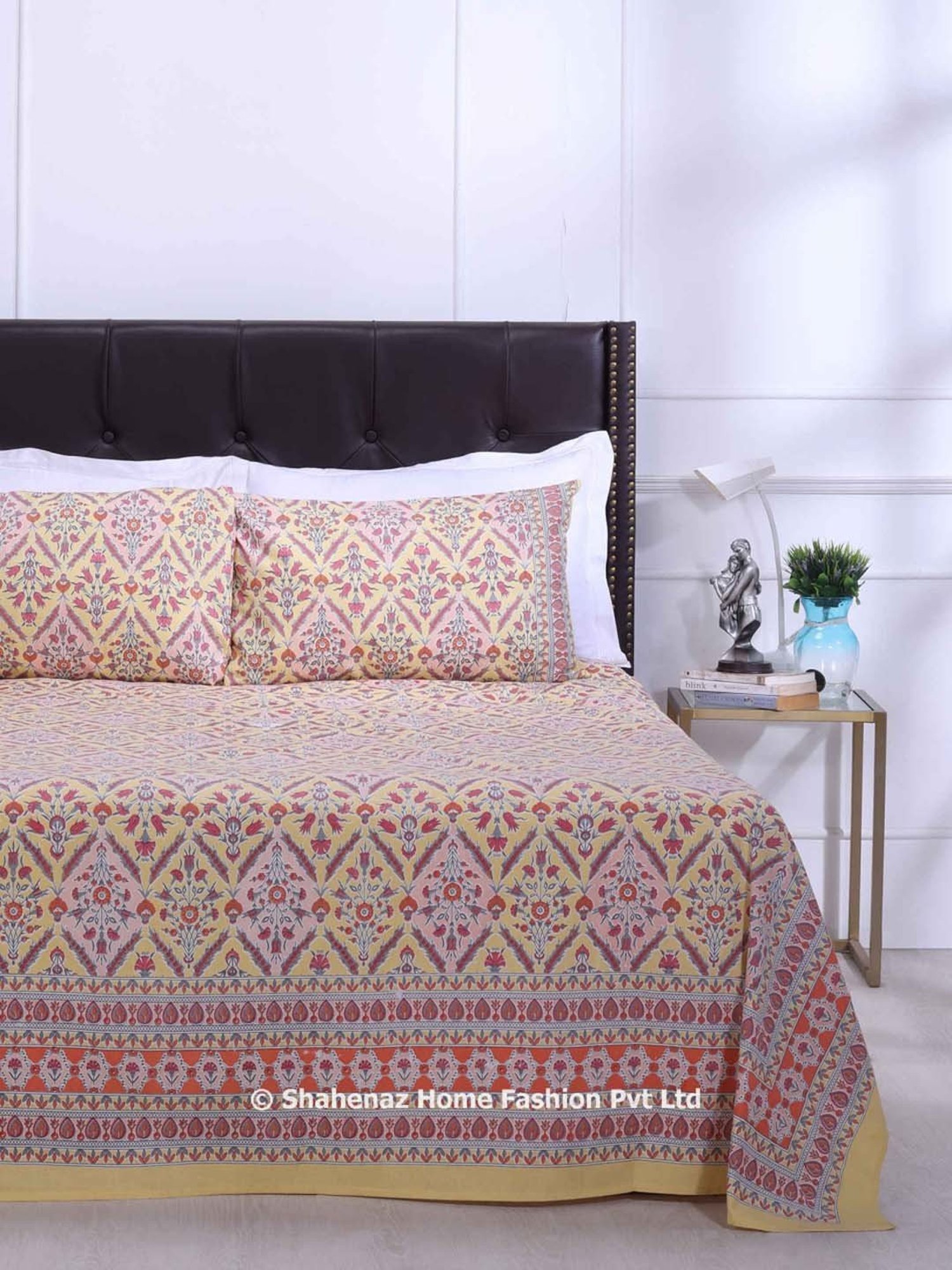 Shahenaz Mustard 120 TC Cotton Kalindi Double Bedsheet with 2 Pillow Covers