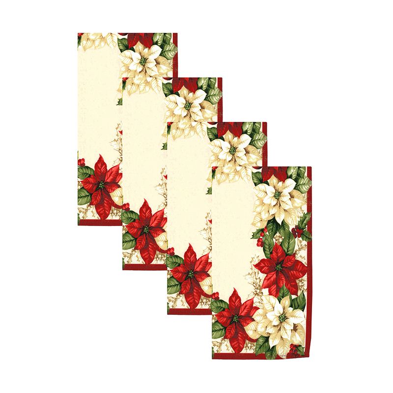 Red and White Poinsettias Napkin, Set of 4 - 17" x 17" - Red/Green - Elrene Home Fashions