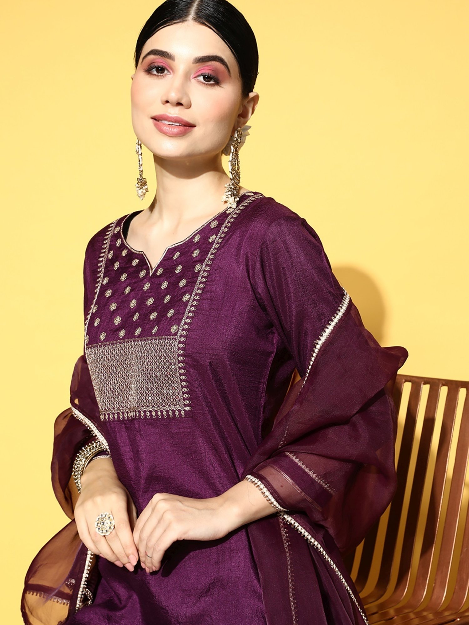 Indo Era Purple Embroidered Kurta Pant Set With Dupatta