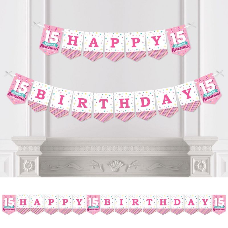 Big Dot of Happiness Girl 15th Birthday - Teen Birthday Party Bunting Banner - Party Decorations - Happy Birthday