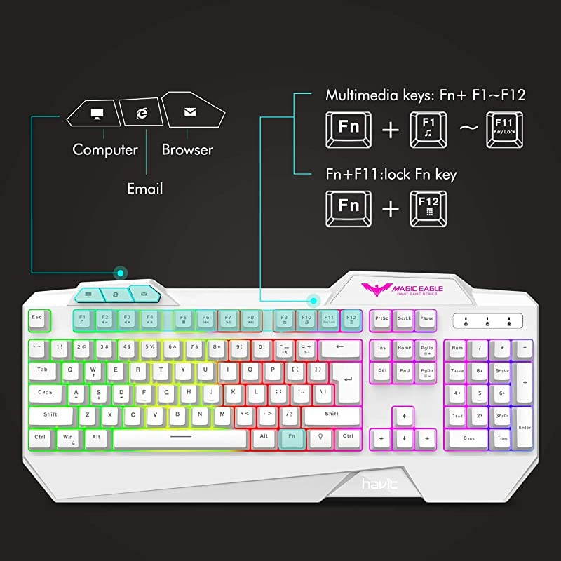 Keyboard Rainbow Backlit Wired Gaming Keyboard Mouse Combo LED 104 Keys USB Ergonomic Wrist Rest Keyboard 4800 DPI Mouse for PC Gamer White