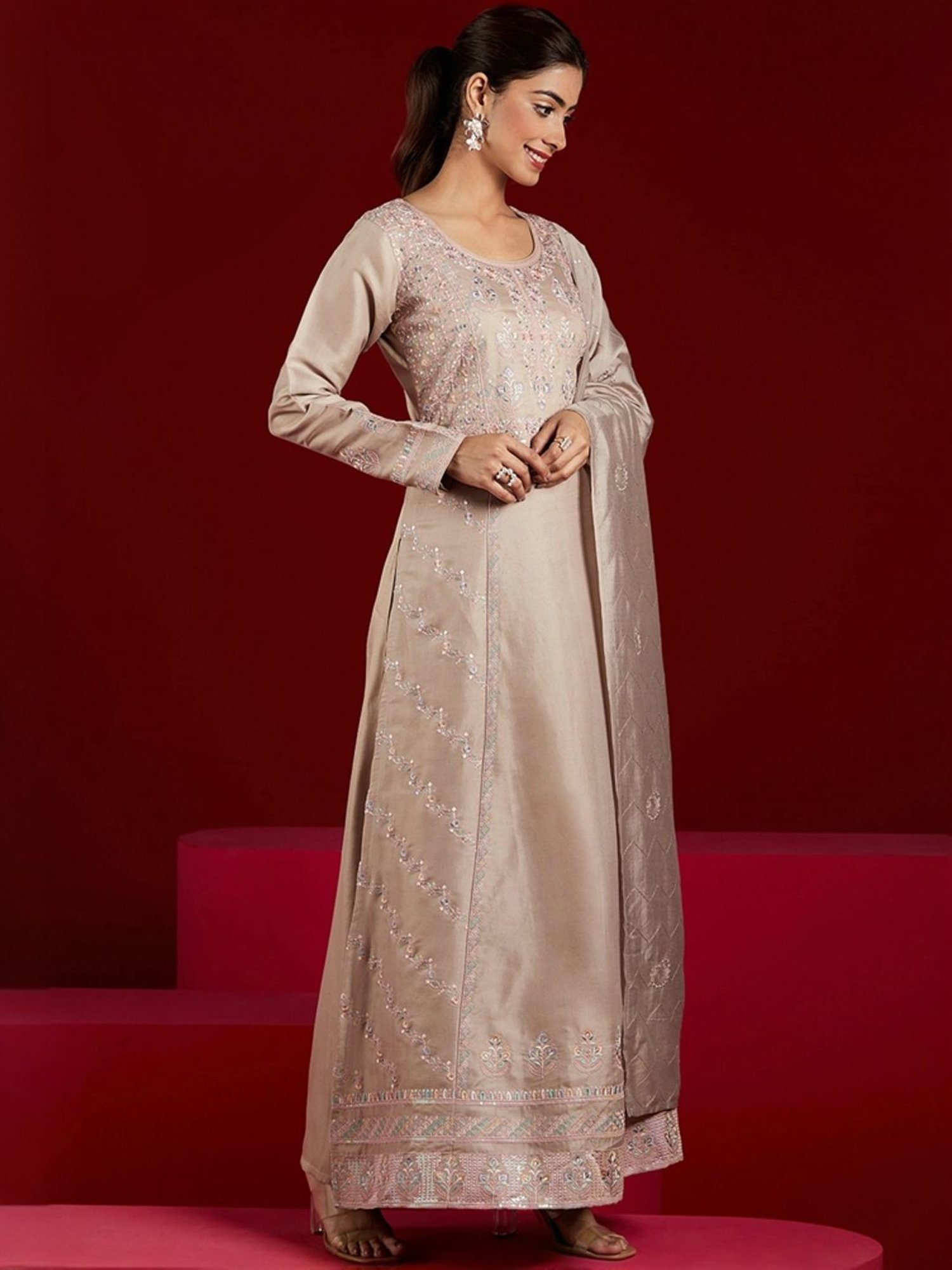 Libas Art Beige Embroidered Kurta Pant Set With Dupatta