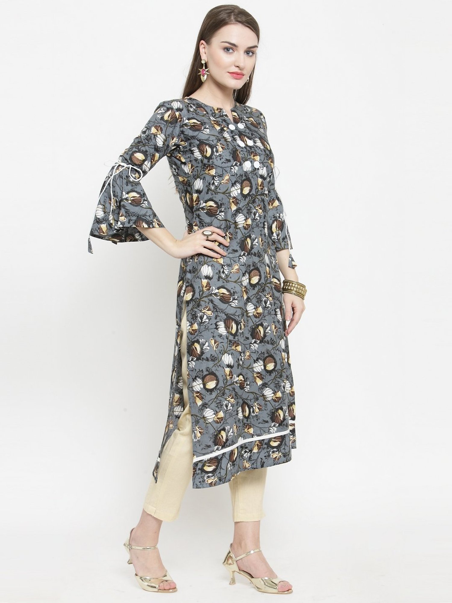 Indibelle Grey Floral Print Straight Kurta