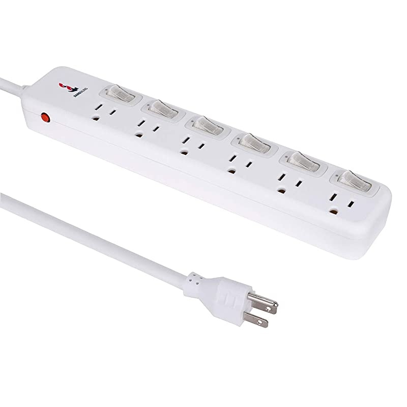 Protector Power Strip 6 ft Extension Cord 14AWG Straight Wire Plug Independent switches 125V15A Hanging Hole SGS CertificationWhite