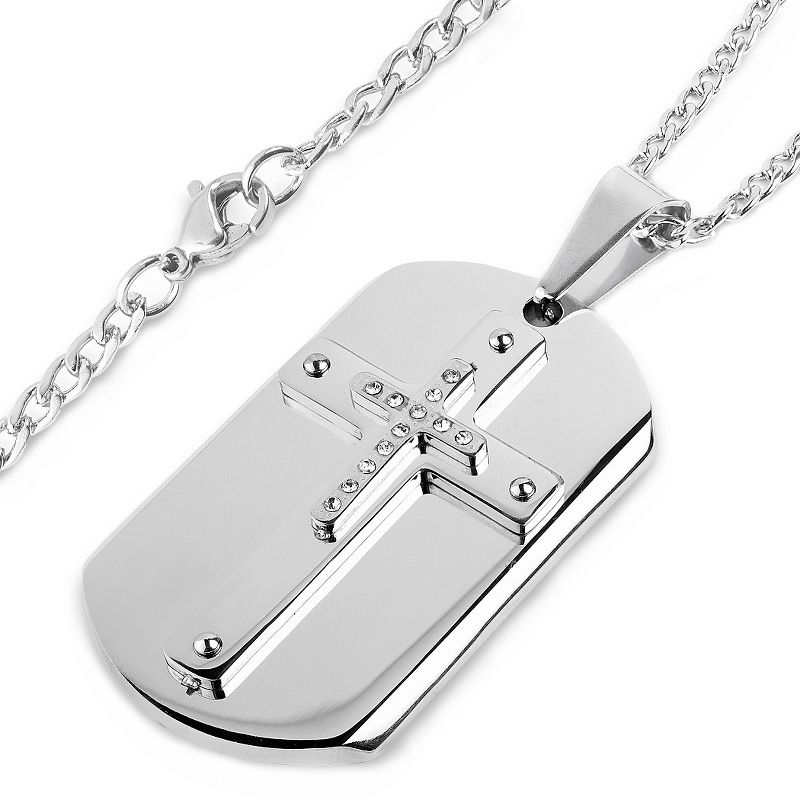 Men's West Coast Jewelry Stainless Steel and Crystal Triple Layer Cross Dog Tag Pendant