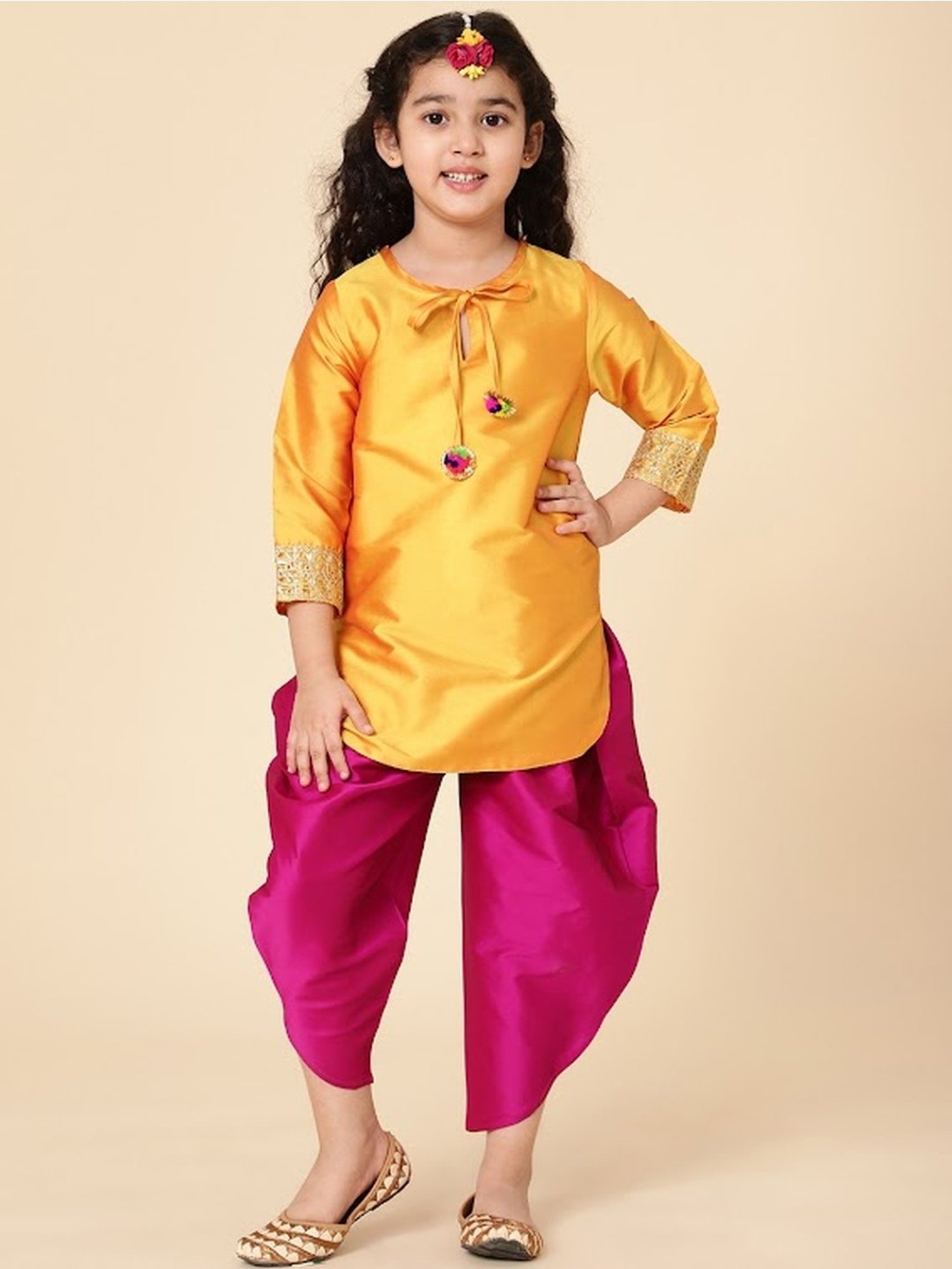 A.T.U.N. Kids Yellow & Pink Regular Fit Full Sleeves Kurta Set