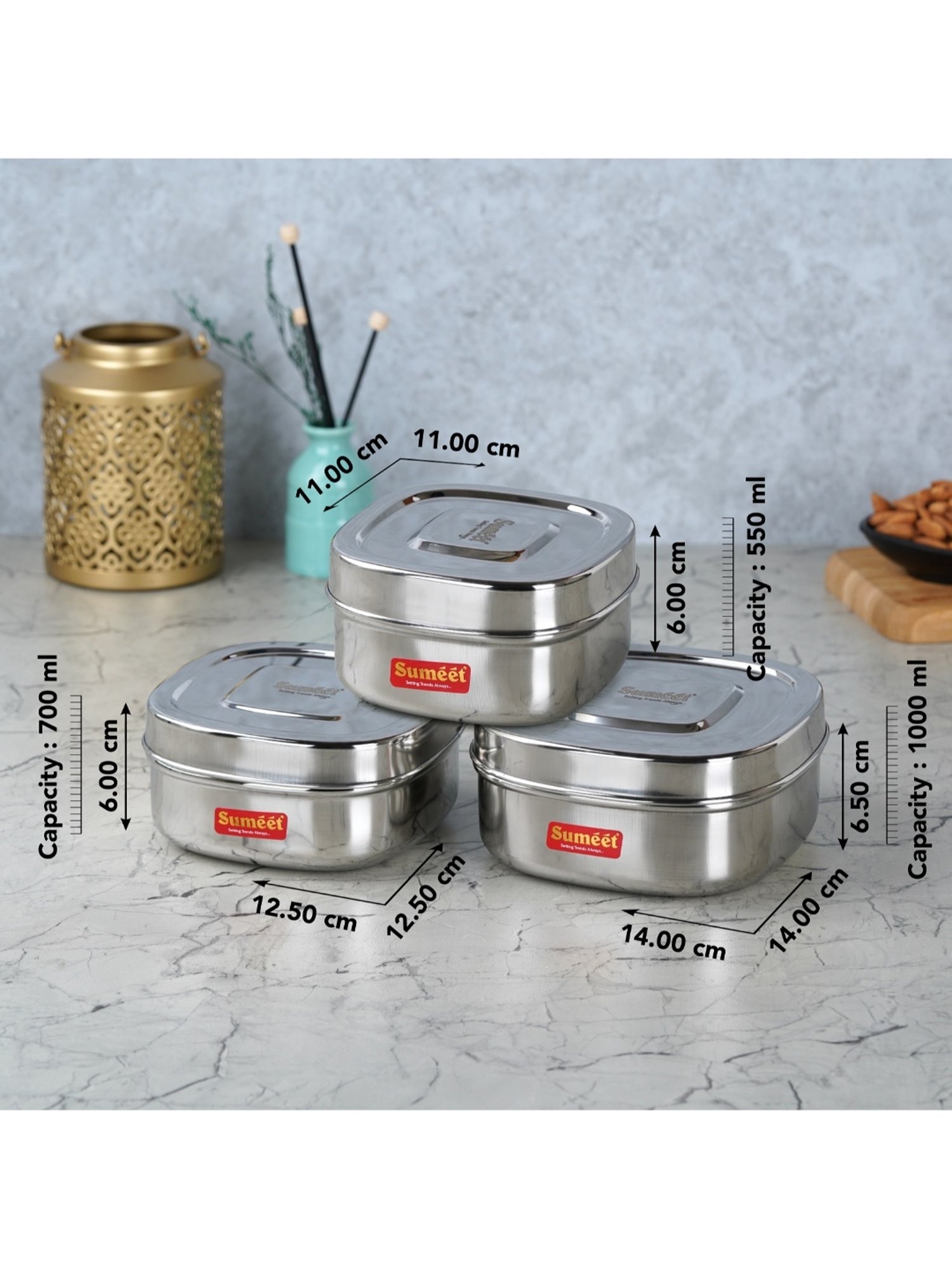 Sumeet S.S.Square Storage container box for Kitchen, 3Pc, 550ml,700ml & 1000ml, 11cm,12.5cm&14.5cm