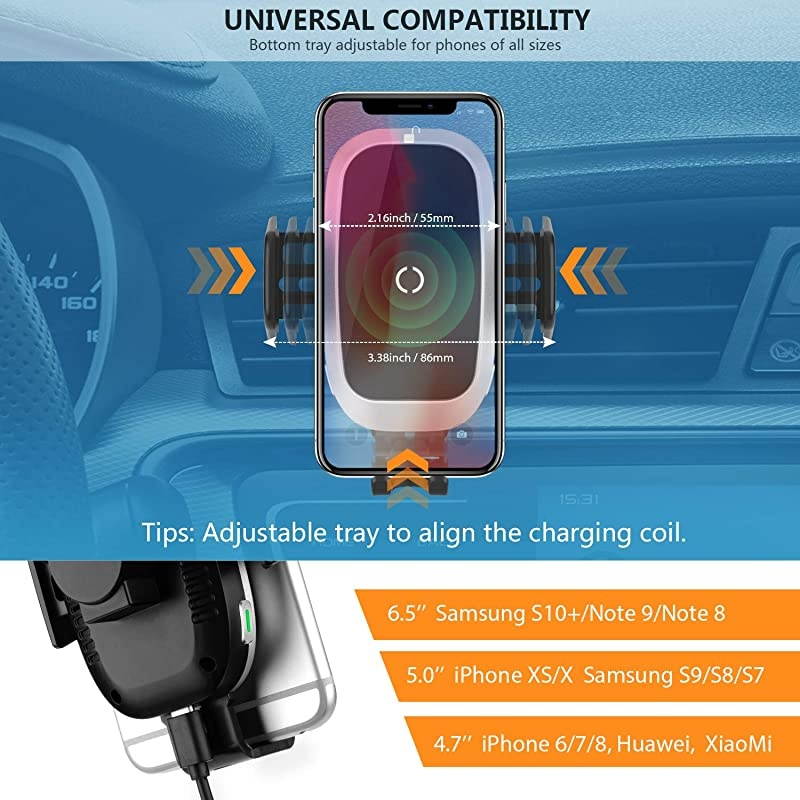 Car Charger CD Mount, Auto Clamping CD Player Phone Holder Air Vent Qi Charger Compatible with 11 Pro XS Max XR X 8 SE, Charger Mount for Samsung Galaxy S10 Plus S9 S8 S7 S6 Note 10 9