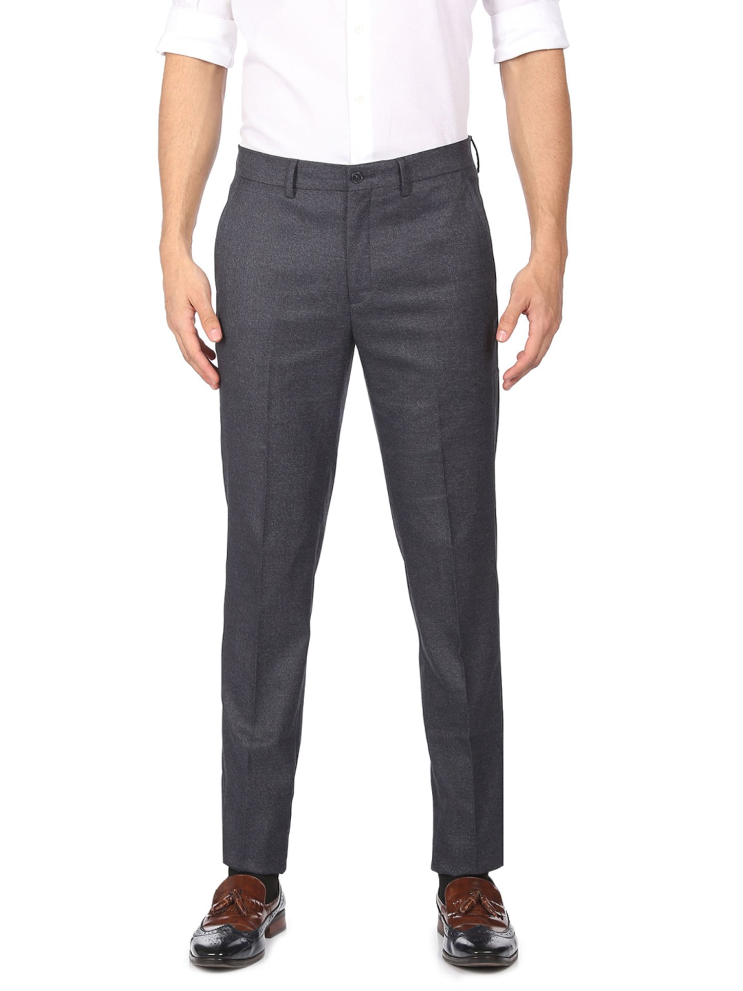 Arrow Grey Regular Fit Self Pattern Flat front trousers