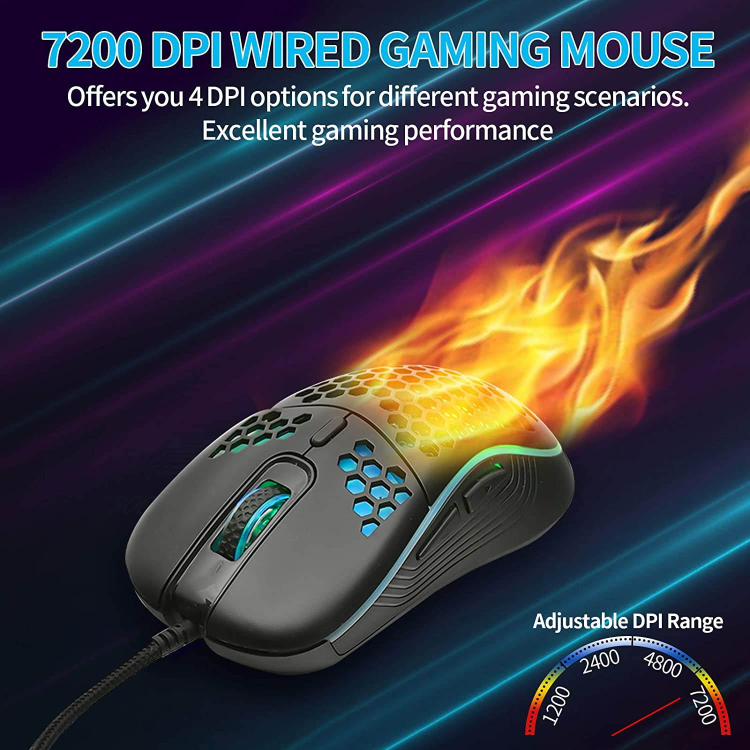 Honeycomb Wired Gaming Mouse, RGB Backlight and 7200 Adjustable DPI, Ergonomic and Lightweight USB Computer Mouse with High Precision Sensor for Windows PC & Laptop Gamers