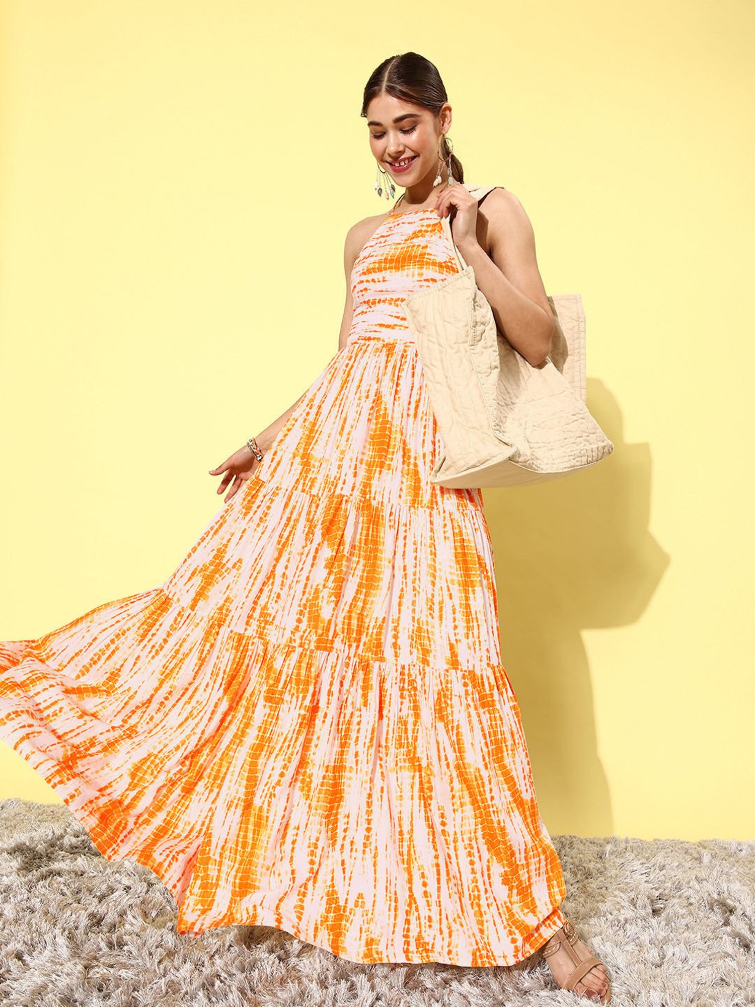 QUIERO Yellow Tie & Dye Fit & Flare Dress