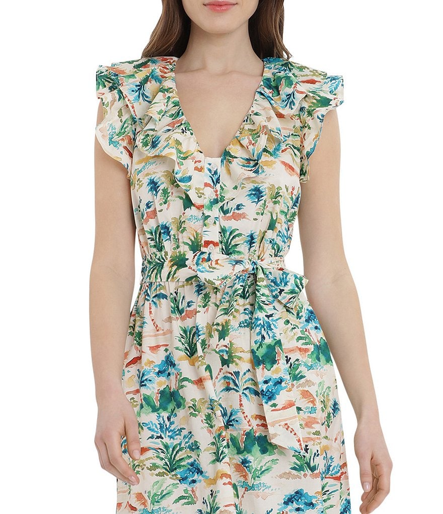 Donna Morgan V-Neck Ruffle Neck Printed Dress