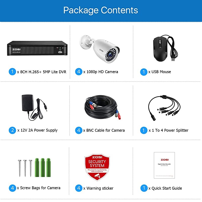 H.265+ Full 1080p Home Security Camera System Outdoor Indoor, 5MP-Lite CCTV DVR 8 Channel and 4 x 1080p (2MP) Day Night Vision Weatherproof Surveillance Bullet Camera, Motion Alerts (No HDD)